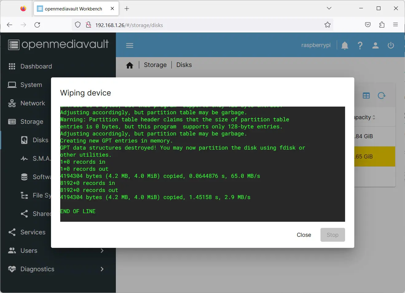 Fim da formatação do disco no OMV