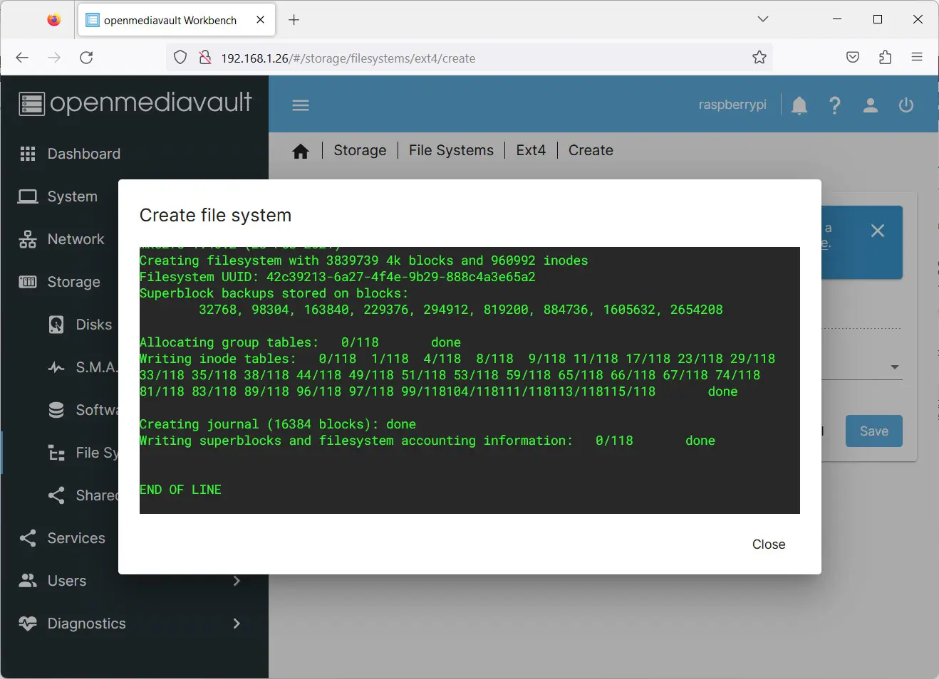 Fin da criação do sistema de ficheiros no OMV