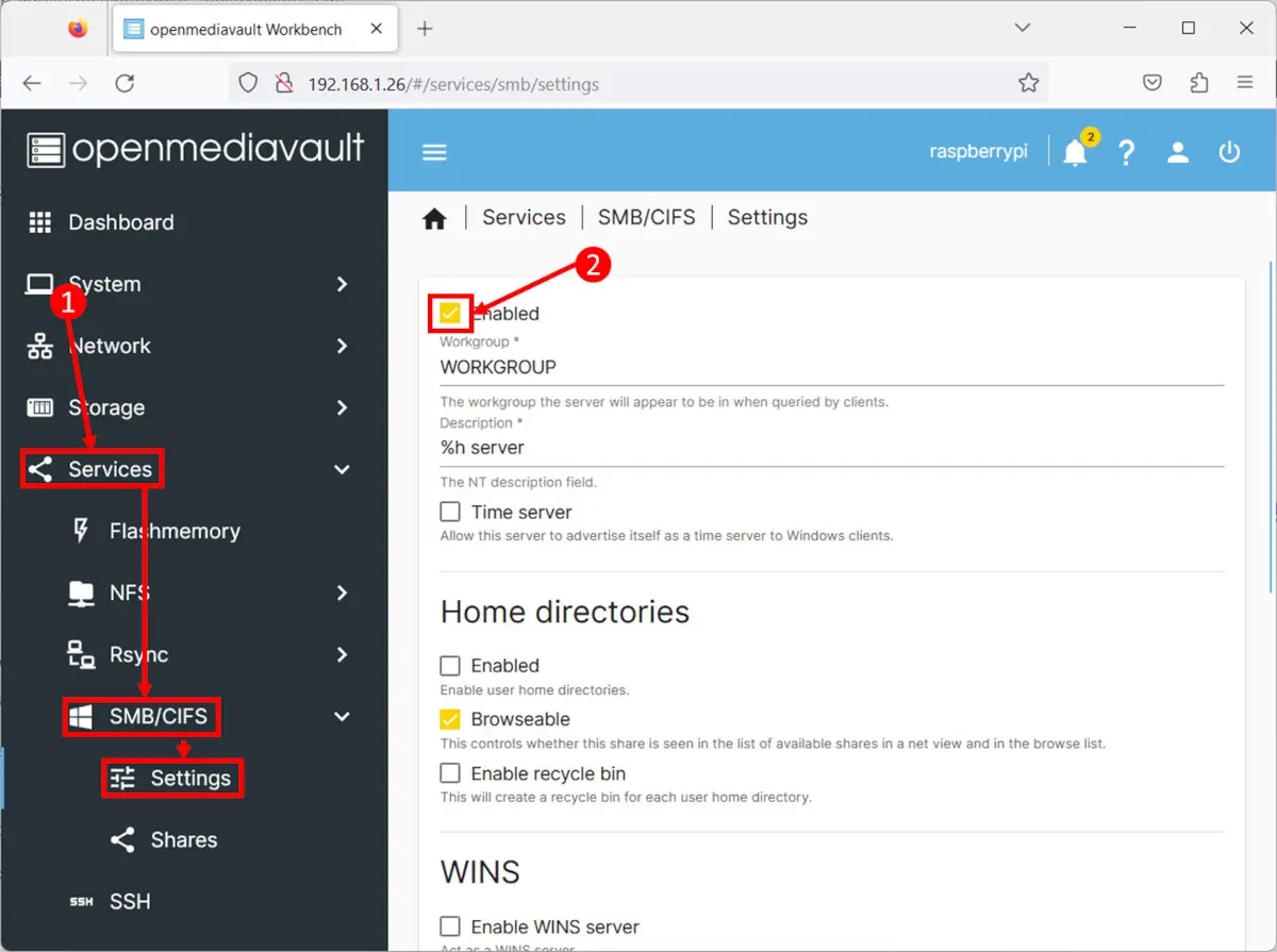 habilitando serviços SMB no OMV